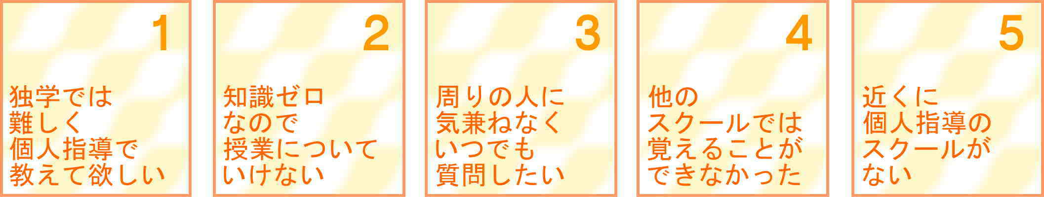 1.独学では難しく個人指導で教えてもらいたい。2.知識ゼロなので授業についていけない。3.周りの人に気兼ねなくいつでも質問したい。4.他のスクールでは覚えることができなかった。5.近くに個人指導のスクールがない